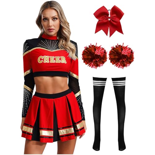 Agoky Damen Cheerleading Kostüm Uniformen Cheers Tanz Crop Top mit Rock und Streifen Socken Handblumen Bowknot Haargummi Bekleidungsset Wettbewerb Show Outfits Rot schwarz L von Agoky