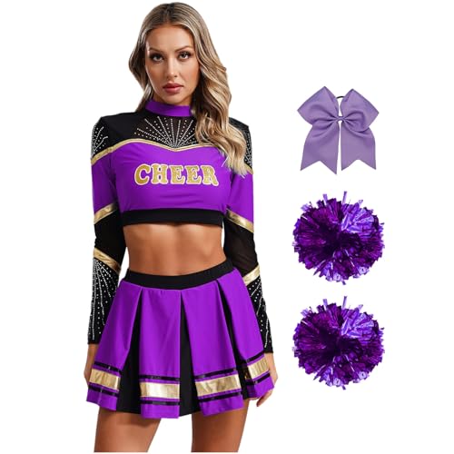 Agoky Damen Cheerleading Kostüm Uniformen Cheers Tanz Crop Top mit Rock und Streifen Socken Handblumen Bowknot Haargummi Bekleidungsset Wettbewerb Show Outfits Violett M von Agoky