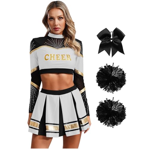 Agoky Damen Cheerleading Kostüm Uniformen Cheers Tanz Crop Top mit Rock und Streifen Socken Handblumen Bowknot Haargummi Bekleidungsset Wettbewerb Show Outfits Weiß S von Agoky