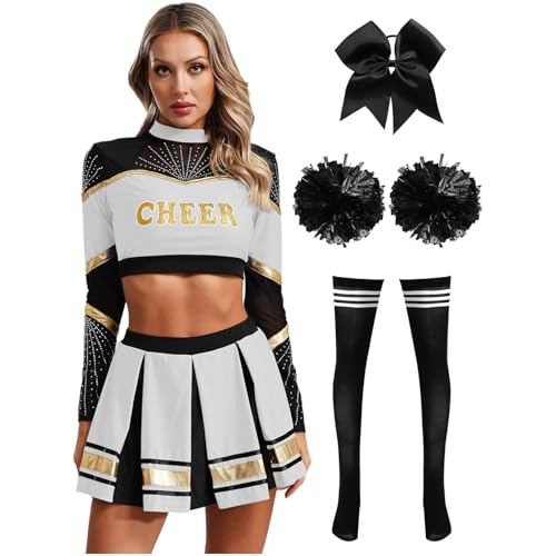 Agoky Damen Cheerleading Kostüm Uniformen Cheers Tanz Crop Top mit Rock und Streifen Socken Handblumen Bowknot Haargummi Bekleidungsset Wettbewerb Show Outfits Weiß schwarz S von Agoky