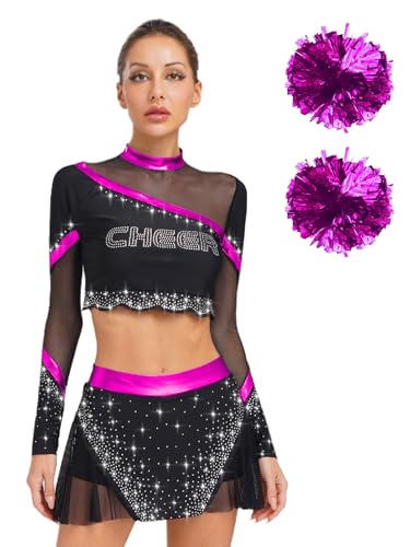 Agoky Damen Cheerleading Kostüm Uniformen Cheers Tanz Langarm Crop Top mit Rock und Handblumen Mesh Spleiß Bekleidungsset Wettbewerb Party Outfits Hot Pink S Agoky Damen Cheerleading Kostüm Uniformen Cheers Tanz Langarm Crop Top mit Rock und Handblumen Mesh Spleiß Bekleidungsset Wettbewerb Party Outfits Hot Pink S von Agoky