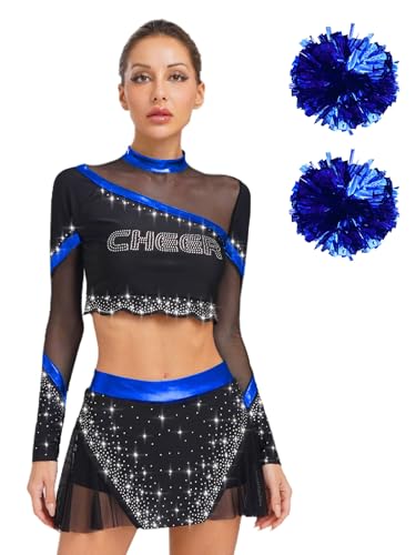 Agoky Damen Cheerleading Kostüm Uniformen Cheers Tanz Langarm Crop Top mit Rock und Handblumen Mesh Spleiß Bekleidungsset Wettbewerb Party Outfits Königsblau S Agoky Damen Cheerleading Kostüm Uniformen Cheers Tanz Langarm Crop Top mit Rock und Handblumen Mesh Spleiß Bekleidungsset Wettbewerb Party Outfits Königsblau S von Agoky