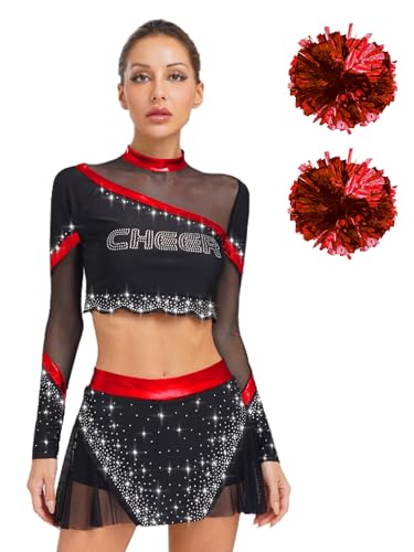 Agoky Damen Cheerleading Kostüm Uniformen Cheers Tanz Langarm Crop Top mit Rock und Handblumen Mesh Spleiß Bekleidungsset Wettbewerb Party Outfits Rot XXL Agoky Damen Cheerleading Kostüm Uniformen Cheers Tanz Langarm Crop Top mit Rock und Handblumen Mesh Spleiß Bekleidungsset Wettbewerb Party Outfits Rot XXL von Agoky