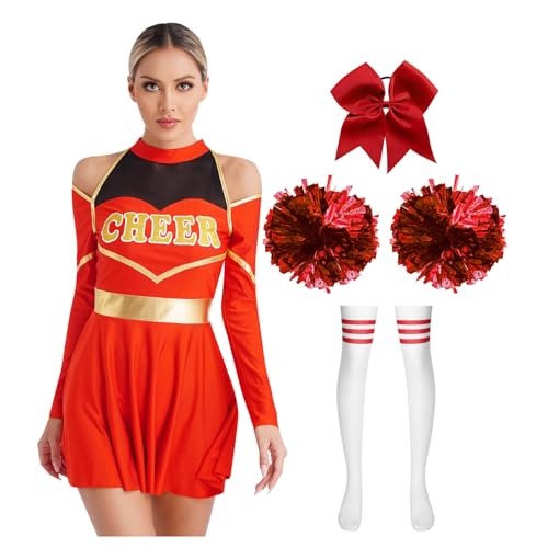 Agoky Damen Cheerleading Uniformen Cheerleaderin Kleid mit Haargummi Metallic Handblumen und Sport Strümpfe Halloween Cosplay Kostüm Motto Party Outfits Rot A XXL von Agoky