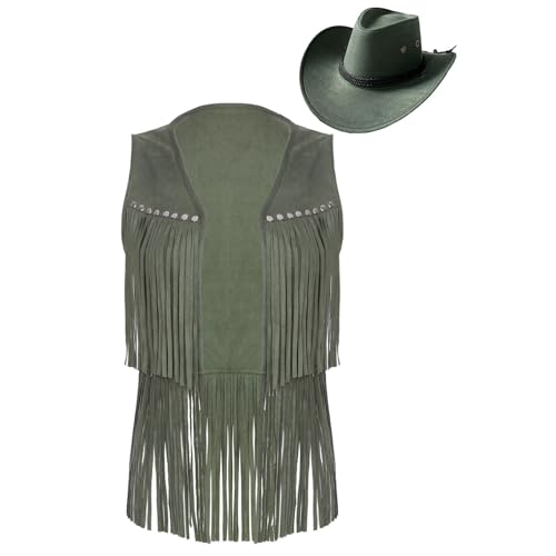 Agoky Damen Cowboy Kostüm Western Weste Hippie Gilet mit Fransen + Cowgirl Hut Halloween Fasching Karneval Party Outfits Armeegrün M von Agoky