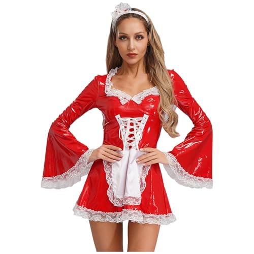 Agoky Damen Dienstmädchen Kostüm Glockenärmel Minikleider Lack Leder Gothic Schnürkleid mit Spitzen Schürze Stirnband Gogo Tanz Outfits Clubwear Rot 3XL von Agoky