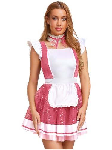 Agoky Damen Dienstmädchen Kostüm Pailletten Kleid mit Schürze Spitzen Choker Knellner Cosplay Uniform Tutu Minikleid Babydoll Nachtwäsche Rosa XXL Agoky Damen Dienstmädchen Kostüm Pailletten Kleid mit Schürze Spitzen Choker Knellner Cosplay Uniform Tutu Minikleid Babydoll Nachtwäsche Rosa XXL von Agoky