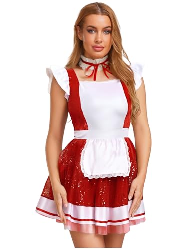 Agoky Damen Dienstmädchen Kostüm Pailletten Kleid mit Schürze Spitzen Choker Knellner Cosplay Uniform Tutu Minikleid Babydoll Nachtwäsche Rot 3XL Agoky Damen Dienstmädchen Kostüm Pailletten Kleid mit Schürze Spitzen Choker Knellner Cosplay Uniform Tutu Minikleid Babydoll Nachtwäsche Rot 3XL von Agoky