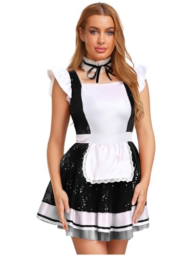 Agoky Damen Dienstmädchen Kostüm Pailletten Kleid mit Schürze Spitzen Choker Knellner Cosplay Uniform Tutu Minikleid Babydoll Nachtwäsche Schwarz XL Agoky Damen Dienstmädchen Kostüm Pailletten Kleid mit Schürze Spitzen Choker Knellner Cosplay Uniform Tutu Minikleid Babydoll Nachtwäsche Schwarz XL von Agoky