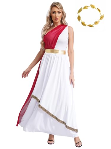 Agoky Damen Elegant Ein-Schulter Kleider Maxi Lang Lob Tanzkleider Farbblock Taufkleider mit Metallic Streifen Blätter Haarband Königin Prinzessin Festzug Outfits Burgundy 3XL von Agoky