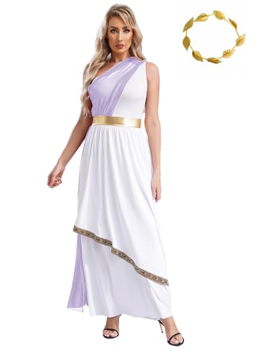 Agoky Damen Elegant Ein-Schulter Kleider Maxi Lang Lob Tanzkleider Farbblock Taufkleider mit Metallic Streifen Blätter Haarband Königin Prinzessin Festzug Outfits Lavendel L von Agoky