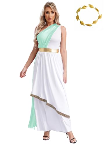 Agoky Damen Elegant Ein-Schulter Kleider Maxi Lang Lob Tanzkleider Farbblock Taufkleider mit Metallic Streifen Blätter Haarband Königin Prinzessin Festzug Outfits Minzgrün 3XL von Agoky