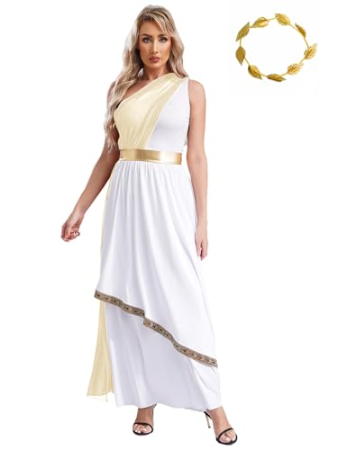 Agoky Damen Elegant Ein-Schulter Kleider Maxi Lang Lob Tanzkleider Farbblock Taufkleider mit Metallic Streifen Blätter Haarband Königin Prinzessin Festzug Outfits Sekt 4XL von Agoky