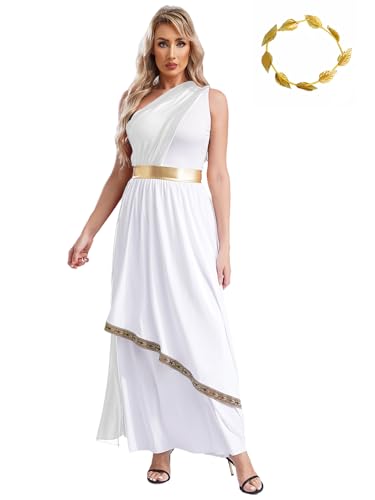 Agoky Damen Elegant Ein-Schulter Kleider Maxi Lang Lob Tanzkleider Farbblock Taufkleider mit Metallic Streifen Blätter Haarband Königin Prinzessin Festzug Outfits Weiß XL von Agoky