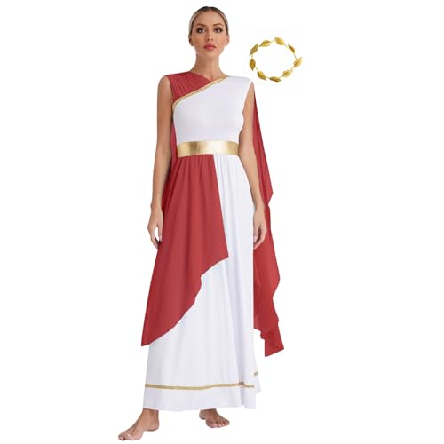 Agoky Damen Elegant Göttin Kostüm Ärmellos Toga Kleid Farbblock Tunika mit Blätter Stirnband Anbetung Lob Tanzkleid Midikleid Motto Party Outfits Burgundy XXL von Agoky