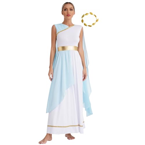 Agoky Damen Elegant Göttin Kostüm Ärmellos Toga Kleid Farbblock Tunika mit Blätter Stirnband Anbetung Lob Tanzkleid Midikleid Motto Party Outfits Hellblau 3XL von Agoky