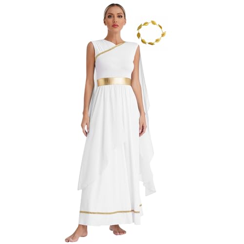 Agoky Damen Elegant Göttin Kostüm Ärmellos Toga Kleid Farbblock Tunika mit Blätter Stirnband Anbetung Lob Tanzkleid Midikleid Motto Party Outfits Weiß XL von Agoky