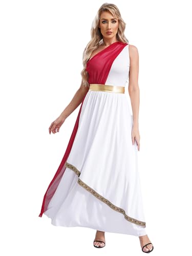 Agoky Damen Elegant Toga Göttin Kostüm Ärmellos Ein-Schulter Tunika Kleid Farbblock Maxikleider Anbetung Lob Tanzkleid Midikleid Motto Party Outfits Weinrot XXL von Agoky