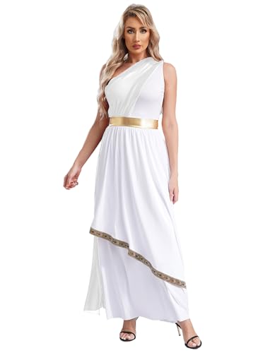 Agoky Damen Elegant Toga Göttin Kostüm Ärmellos Ein-Schulter Tunika Kleid Farbblock Maxikleider Anbetung Lob Tanzkleid Midikleid Motto Party Outfits Weiß 4XL von Agoky