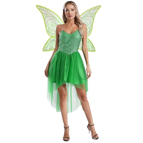 Agoky Damen Feen Kostüme Set Pailletten Prinzessin Kleid mit Glitzer Tüllrock Feeflügel Märchen Fasching Karneval Verkleidung Grün 3XL von Agoky