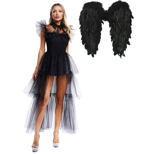 Agoky Damen Gothic Kleid Vintage Retro Tüllkleider mit Federflügel Vogelflügel Teufel Böse Königin Cosplay Kostüm Halloween Motto Party Outfits Schwarz L von Agoky