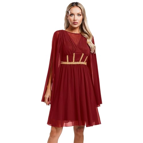 Agoky Damen Griechische Schönheit Kostüm Langarm Chiffonkleid mit Schlitz Ärmel V-Ausschnitt Partykleid mit goldenem Spitzenbesatz Halloween Outfits Burgundy L von Agoky