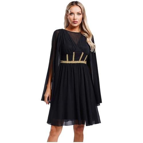 Agoky Damen Griechische Schönheit Kostüm Langarm Chiffonkleid mit Schlitz Ärmel V-Ausschnitt Partykleid mit goldenem Spitzenbesatz Halloween Outfits Schwarz M von Agoky