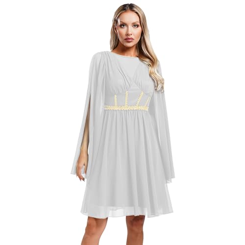 Agoky Damen Griechische Schönheit Kostüm Langarm Chiffonkleid mit Schlitz Ärmel V-Ausschnitt Partykleid mit goldenem Spitzenbesatz Halloween Outfits Weiß L von Agoky