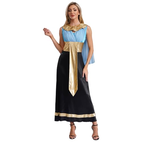 Agoky Damen Kleopatra Kostüm Ägyptische Königin Toga Kleid Metallic Kragen Gürtel Gewand Midi Lang Robe Halloween Cosplay Outfits Hellblau 3XL von Agoky