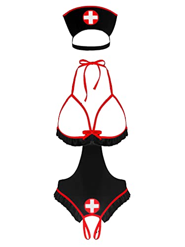 Agoky Damen Krankenschwester Kostüm Sexy Dessous-Set Ouvert Body Brustfrei Oberteil Versuchung Nachtwäsche Cosplay Rollenspiele Pflege Uniform Schwarz XL von Agoky