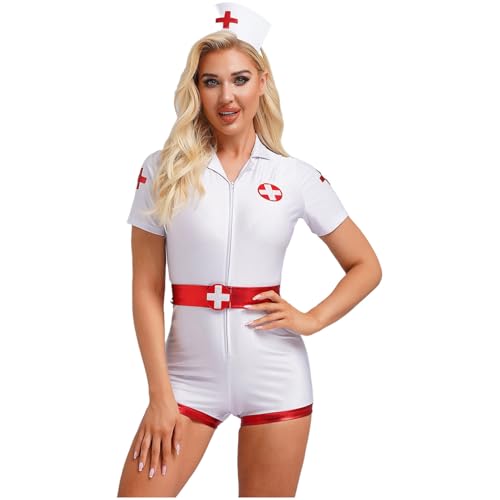 Agoky Damen Krankenschwester Uniform Kurzarm Jumpsuit Overall mit Schwester Haube Erwachsenen Fasching Karneval Halloween Kostüm Clubwear Weiß L von Agoky