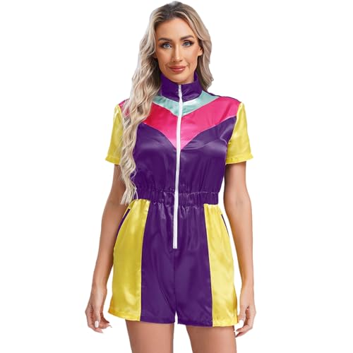 Agoky Damen Kurzarm Body Stehkragen Jumpsuit Overall aus Farbblock Shirt und Kurze Hose Einteiler Shorty Sommer Fitness Gymnastik Turn Sportbekleidung Violett 3XL von Agoky