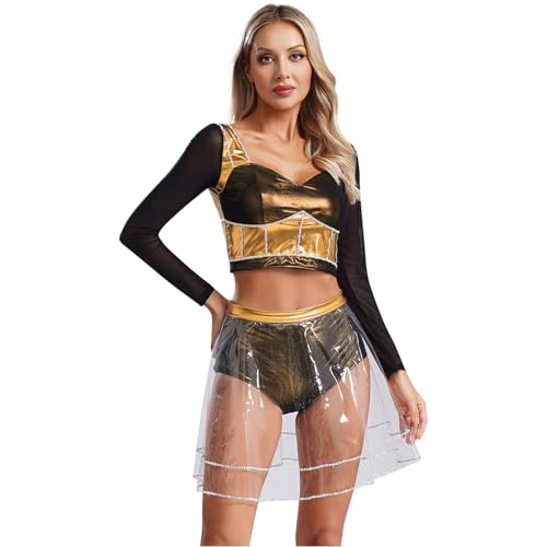 Agoky Damen Langarm Crop Top Metaillic Shirt mit Mesh Spleiß + High Waist Slip mit Transparent Rock Zweiteiler Gogo Outfits Clubwear Gold L von Agoky