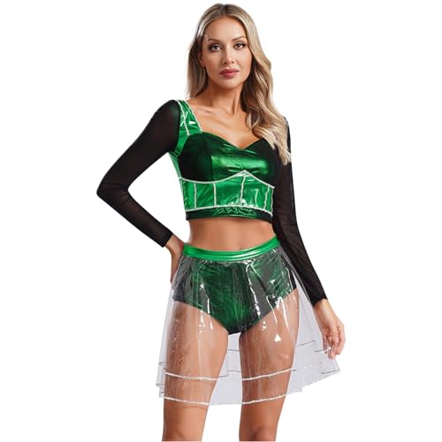 Agoky Damen Langarm Crop Top Metaillic Shirt mit Mesh Spleiß + High Waist Slip mit Transparent Rock Zweiteiler Gogo Outfits Clubwear Grün L von Agoky