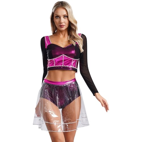 Agoky Damen Langarm Crop Top Metaillic Shirt mit Mesh Spleiß + High Waist Slip mit Transparent Rock Zweiteiler Gogo Outfits Clubwear Hot Pink L von Agoky