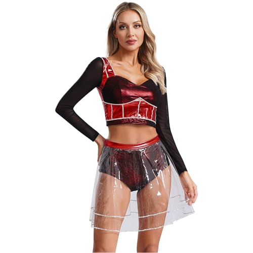 Agoky Damen Langarm Crop Top Metaillic Shirt mit Mesh Spleiß + High Waist Slip mit Transparent Rock Zweiteiler Gogo Outfits Clubwear Rot L von Agoky