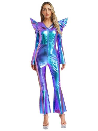 Agoky Damen Metallic Ganzkörperanzug Glockenärmel Shirt mit Rüschen High Waist Body mit Schlaghose Glockenhose 70er 80er Jahre Disco Hippie Kostüm Blau 3XL Agoky Damen Metallic Ganzkörperanzug Glockenärmel Shirt mit Rüschen High Waist Body mit Schlaghose Glockenhose 70er 80er Jahre Disco Hippie Kostüm Blau 3XL von Agoky