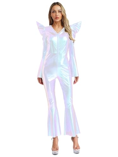 Agoky Damen Metallic Ganzkörperanzug Glockenärmel Shirt mit Rüschen High Waist Body mit Schlaghose Glockenhose 70er 80er Jahre Disco Hippie Kostüm Glänzendes Silber 3XL Agoky Damen Metallic Ganzkörperanzug Glockenärmel Shirt mit Rüschen High Waist Body mit Schlaghose Glockenhose 70er 80er Jahre Disco Hippie Kostüm Glänzendes Silber 3XL von Agoky