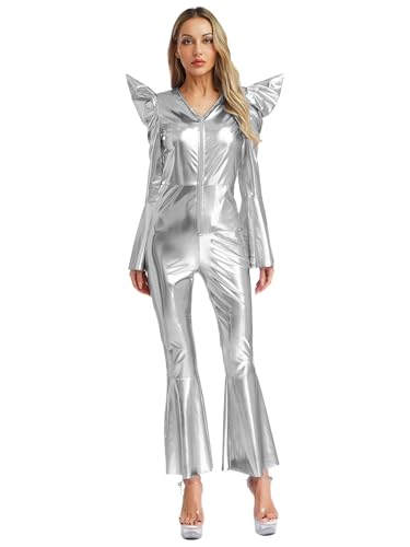 Agoky Damen Metallic Ganzkörperanzug Glockenärmel Shirt mit Rüschen High Waist Body mit Schlaghose Glockenhose 70er 80er Jahre Disco Hippie Kostüm Silber 3XL Agoky Damen Metallic Ganzkörperanzug Glockenärmel Shirt mit Rüschen High Waist Body mit Schlaghose Glockenhose 70er 80er Jahre Disco Hippie Kostüm Silber 3XL von Agoky