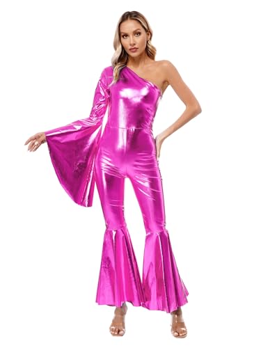 Agoky Damen Metallic Gymnastikanzug Ganzkörper Body Trompetenärmel Jumpsuit Overall Slim Fit Stretch Romper Ausgestellt Hose Einteiler Tanzbekleidung Hot Pink 3XL von Agoky