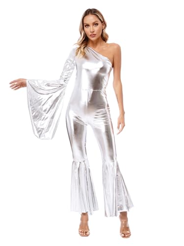 Agoky Damen Metallic Gymnastikanzug Ganzkörper Body Trompetenärmel Jumpsuit Overall Slim Fit Stretch Romper Ausgestellt Hose Einteiler Tanzbekleidung Silber 3XL von Agoky