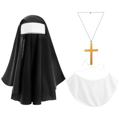 Agoky Damen Halloween Nonnen Cosplay Kostüm Zubehör Schwarz Nonnenhaube Kreuz Halskette Halskragen Nonnenkostüm Set Kloster Nonnen Rollenspiel Type A Einheitsgröße von Agoky