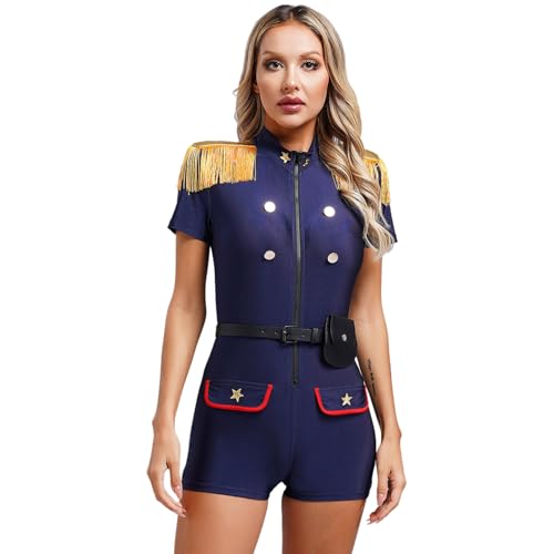 Agoky Damen Polizei Kostüm Polizistin Uniform mit Gürtel Bauchtasche Kurzarm Hemd Body mit Bein Fransen Halloween Party Cosplay Outfits Navy blau XL von Agoky