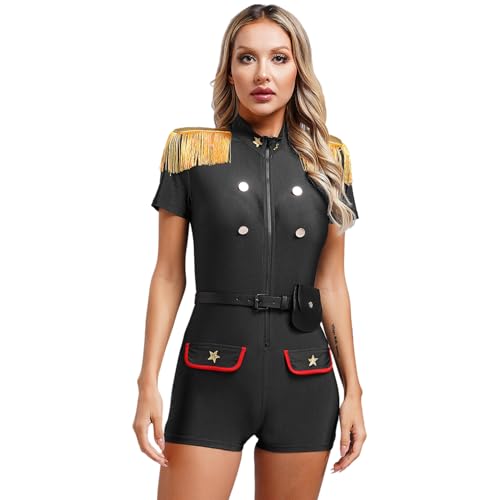 Agoky Damen Polizei Kostüm Polizistin Uniform mit Gürtel Bauchtasche Kurzarm Hemd Body mit Bein Fransen Halloween Party Cosplay Outfits Schwarz M von Agoky