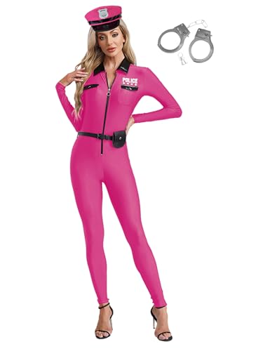 Agoky Damen Polizei Kostüm Polizistin Uniform mit Polizeihut Gürtel Handschellen Langarm Hemd Body Ganzkörperanzug Halloween Cosplay Outfits Hot Pink 3XL von Agoky