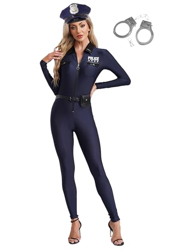 Agoky Damen Polizei Kostüm Polizistin Uniform mit Polizeihut Gürtel Handschellen Langarm Hemd Body Ganzkörperanzug Halloween Cosplay Outfits Navy blau 3XL von Agoky