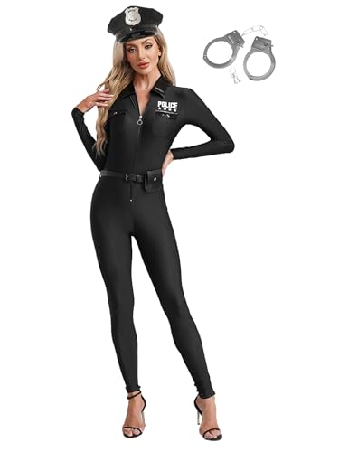 Agoky Damen Polizei Kostüm Polizistin Uniform mit Polizeihut Gürtel Handschellen Langarm Hemd Body Ganzkörperanzug Halloween Cosplay Outfits Schwarz 3XL von Agoky