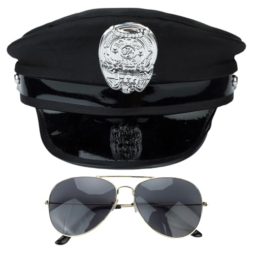 Agoky Damen Polizei Kostüm Zubehör Set Polizeimütze Pilotenbrille Cop Cap Polizeihut Kopfbedeckung für Cosplay Halloween Bühnenperformance Party Schwarz One Size von Agoky