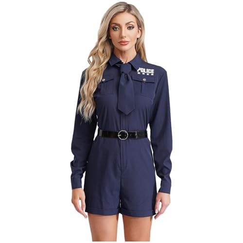 Agoky Damen Polizei Polizist Uniformen Langarm Jumpsuit Overall Kurz Kentkragen Hemd und Kurze Hose mit Gürtel Krawatte Halloween Cosplay Outfits Navy blau 3XL von Agoky