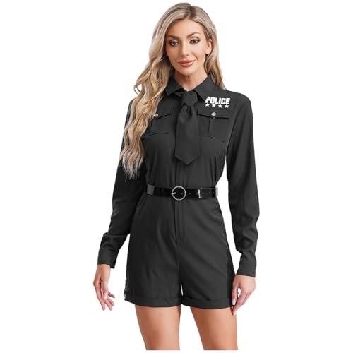 Agoky Damen Polizei Polizist Uniformen Langarm Jumpsuit Overall Kurz Kentkragen Hemd und Kurze Hose mit Gürtel Krawatte Halloween Cosplay Outfits Schwarz M von Agoky